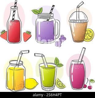 Smoothie hand drawn. Summer cold fruits drinks healthy liquid shake food juice for diet vector sketch pictures. Fruit juice summer, healthy cocktail vegetarian illustration. Smoothie hand drawn. Summer cold fruits drinks healthy liquid shake food juice for diet vector sketch pictures Stock Vector