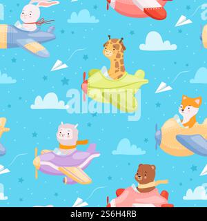 Airplane pattern. Animal kid characters in airplanes flying helicopter baby textile design vector seamless background. Aircraft, aviator toy in cloud and sky illustration. Airplane pattern. Animal kid characters in airplanes flying helicopter baby textile design vector seamless background Stock Vector