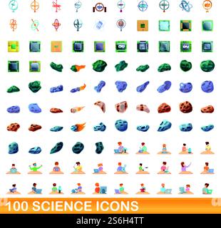 100 science icons set. Cartoon illustration of 100 science icons vector set isolated on white background. 100 science icons set, cartoon style Stock Vector