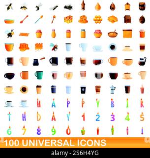 100 universal icons set. Cartoon illustration of 100 universal icons vector set isolated on white background. 100 universal icons set, cartoon style Stock Vector