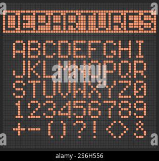 Dotted text. Electronic digital lighting alphabet letters and numbers for airplane monitor vector set. Alphabet digital display, scoreboard electronic dot illustration. Dotted text. Electronic digital lighting alphabet letters and numbers for airplane monitor vector set Stock Vector
