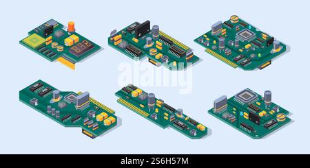 Motherboard isometric. Computer manufacturing small chip microscheme plate semiconductor electronic parts vector set. Motherboard isometric, equipment component microchip for hardware illustration. Motherboard isometric. Computer manufacturing small chip microscheme plate semiconductor electronic parts vector set Stock Vector