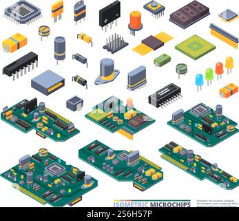 Electrical boards isometric. Hardware items computer power diodes semiconductors and small chip vector equipment set. Illustration hardware isometric electrical, electronic power technology. Electrical boards isometric. Hardware items computer power diodes semiconductors and small chip vector equipment set Stock Vector