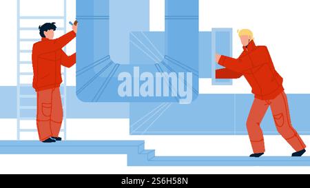 Hvac Ventilation Installation Or Repair Men Vector. Workers Check Ventilation, Pipes Air Conditioning Of Buildings. Characters Boys Repairing Or Examining Industry Pipeline Flat Cartoon Illustration. Hvac Ventilation Installation Or Repair Men Vector Stock Vector