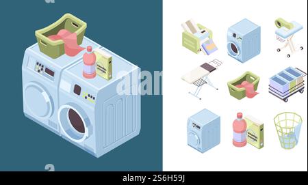 Laundry service. Powder detergent iron soap towel cleaning isometric washes tools vector. Illustration laundry and household, housework service, cleaning washing. Laundry service. Powder detergent iron soap towel cleaning isometric washes tools vector Stock Vector
