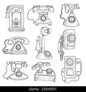 Retro telephone. Old ancient technology gadgets vector hand drawn communication objects. Retro old telephone, technology phone equipment illustration. Retro telephone. Old ancient technology gadgets vector hand drawn communication objects Stock Vector
