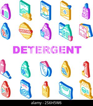 Detergent Washing Collection Icons Set Vector. Detergent Pods And Liquid, Laundry Ball And Pills, Organic Soap And Powder Bag Package Isometric Sign Color Illustrations. Detergent Washing Collection Icons Set Vector Stock Vector