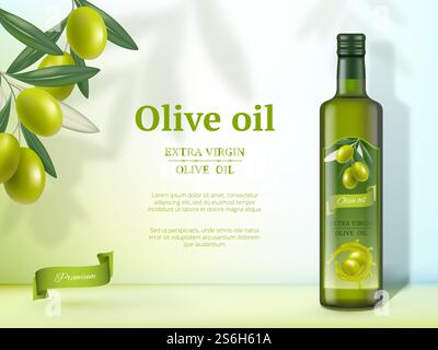 Olive ads. Oil for cooking food natural healthy gourmet product vector promotional banner with glass bottles. Olive oil ad, product advertising natural illustration. Olive ads. Oil for cooking food natural healthy gourmet product vector promotional banner with glass bottles Stock Vector