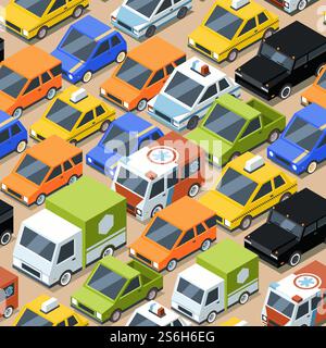 Urban traffic pattern. Jammed city transport cars buses van vector seamless background for textile design projects. Transportation traffic pattern, vehicle urban jam, automobile transport illustration. Urban traffic pattern. Jammed city transport cars buses van vector seamless background for textile design projects Stock Vector