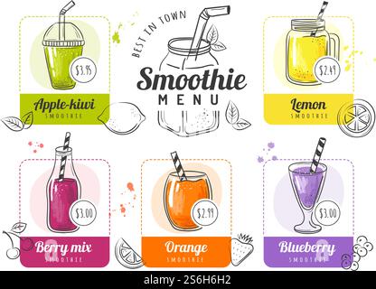 Smoothie menu. Summer cocktails lists for restaurant or coffee drinks menu fruits liquid food vector template. Smoothie menu healthy, fresh drink summer illustration. Smoothie menu. Summer cocktails lists for restaurant or coffee drinks menu fruits liquid food vector template Stock Vector