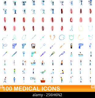100 medical icons set. Cartoon illustration of 100 medical icons vector set isolated on white background. 100 medical icons set, cartoon style Stock Vector