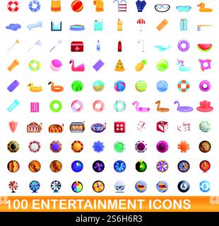 100 entertainment icons set. Cartoon illustration of 100 entertainment icons vector set isolated on white background. 100 entertainment icons set, cartoon style Stock Vector