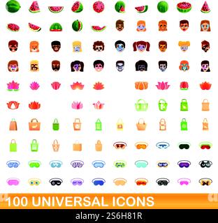 100 universal icons set. Cartoon illustration of 100 universal icons vector set isolated on white background. 100 universal icons set, cartoon style Stock Vector