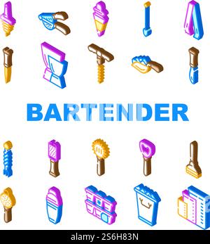Bartender Accessory Collection Icons Set Vector. Bar Spoon And Grater, Juicer And Ice Breaker, Cocktail Shaker And Jiggers Bartender Tools Isometric Sign Color Illustrations. Bartender Accessory Collection Icons Set Vector Stock Vector