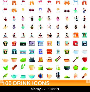 100 drink icons set. Cartoon illustration of 100 drink icons vector set isolated on white background. 100 drink icons set, cartoon style Stock Vector