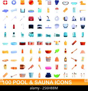 100 pool and sauna icons set. Cartoon illustration of 100 pool and sauna icons vector set isolated on white background. 100 pool and sauna icons set, cartoon style Stock Vector