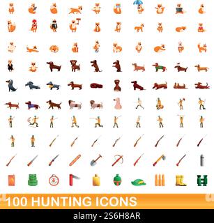 100 hunting icons set. Cartoon illustration of 100 hunting icons vector set isolated on white background. 100 hunting icons set, cartoon style Stock Vector