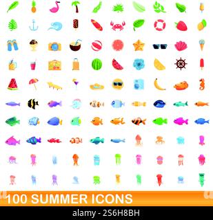 100 summer icons set. Cartoon illustration of 100 summer icons vector set isolated on white background. 100 summer icons set, cartoon style Stock Vector