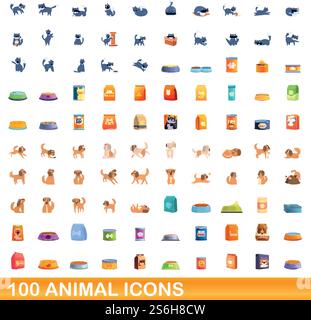 100 animal icons set. Cartoon illustration of 100 animal icons vector set isolated on white background. 100 animal icons set, cartoon style Stock Vector