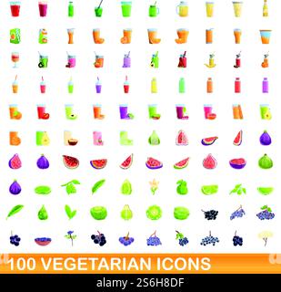 100 vegetarian icons set. Cartoon illustration of 100 vegetarian icons vector set isolated on white background. 100 vegetarian icons set, cartoon style Stock Vector