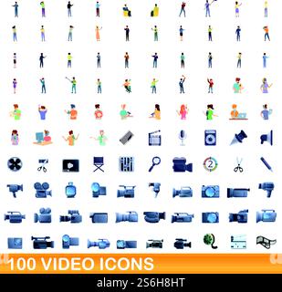100 video icons set. Cartoon illustration of 100 video icons vector set isolated on white background. 100 video icons set, cartoon style Stock Vector