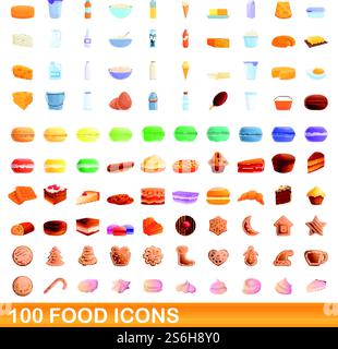 100 food icons set. Cartoon illustration of 100 food icons vector set isolated on white background. 100 food icons set, cartoon style Stock Vector