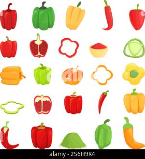 Paprica icons set. Cartoon set of paprica vector icons for web design. Paprica icons set, cartoon style Stock Vector