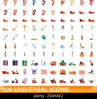 100 universal icons set. Cartoon illustration of 100 universal icons vector set isolated on white background. 100 universal icons set, cartoon style Stock Vector