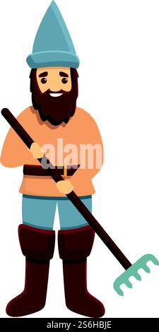 Garden gnome with rake icon. Cartoon of Garden gnome with rake vector icon for web design isolated on white background. Garden gnome with rake icon, cartoon style Stock Vector