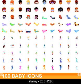 100 baby icons set. Cartoon illustration of 100 baby icons vector set isolated on white background. 100 baby icons set, cartoon style Stock Vector