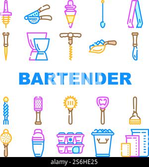 Bartender Accessory Collection Icons Set Vector. Bar Spoon And Grater, Juicer And Ice Breaker, Cocktail Shaker And Jiggers Bartender Tools Concept Linear Pictograms. Contour Illustrations. Bartender Accessory Collection Icons Set Vector Stock Vector