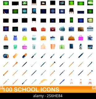 100 school icons set. Cartoon illustration of 100 school icons vector set isolated on white background. 100 school icons set, cartoon style Stock Vector