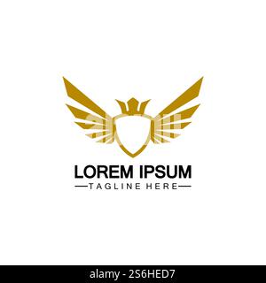 Golden winged shield with crown logo / heraldry symbol isolated white background Stock Vector