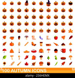 100 autumn icons set. Cartoon illustration of 100 autumn icons vector set isolated on white background. 100 autumn icons set, cartoon style Stock Vector