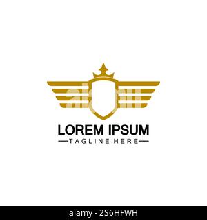 Golden winged shield with crown logo / heraldry symbol isolated white background Stock Vector