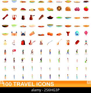 100 travel icons set. Cartoon illustration of 100 travel icons vector set isolated on white background. 100 travel icons set, cartoon style Stock Vector