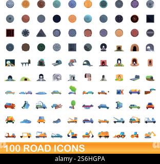 100 road icons set. Cartoon illustration of 100 road icons vector set ...