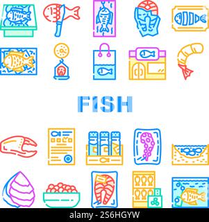 Fish Market Product Collection Icons Set Vector. Smoking And Frozen Fish, Octopus Tentacles And Peeled Shrimp Package, Store Aquarium And Pond Concept Linear Pictograms. Contour Illustrations. Fish Market Product Collection Icons Set Vector Stock Vector