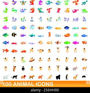 100 animal icons set. Cartoon illustration of 100 animal icons vector set isolated on white background. 100 animal icons set, cartoon style Stock Vector