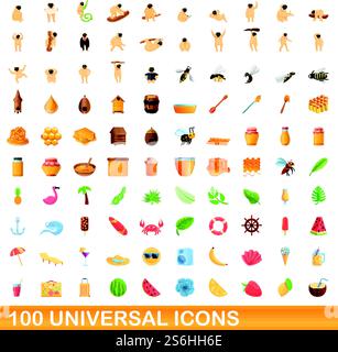 100 universal icons set. Cartoon illustration of 100 universal icons vector set isolated on white background. 100 universal icons set, cartoon style Stock Vector
