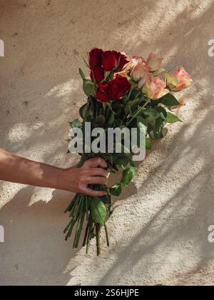 Hand Holding a Bouquet Roses Against a Sunlit Wall Stock Photo