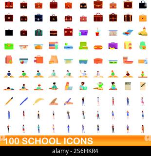 100 school icons set. Cartoon illustration of 100 school icons vector set isolated on white background. 100 school icons set, cartoon style Stock Vector