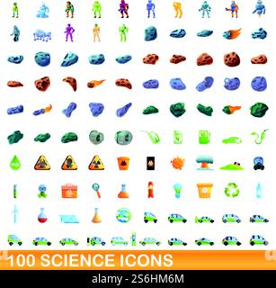 100 science icons set. Cartoon illustration of 100 science icons vector set isolated on white background. 100 science icons set, cartoon style Stock Vector