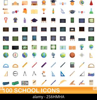 100 school icons set. Cartoon illustration of 100 school icons vector set isolated on white background. 100 school icons set, cartoon style Stock Vector