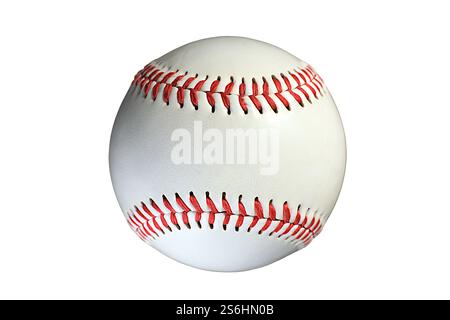 A detailed close-up of a white baseball with vibrant red laces isolated on a white background. Ideal for illustrating sports themes, baseball-related Stock Photo