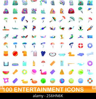 100 entertainment icons set. Cartoon illustration of 100 entertainment icons vector set isolated on white background. 100 entertainment icons set, cartoon style Stock Vector
