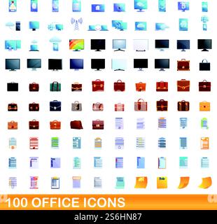 100 office icons set. Cartoon illustration of 100 office icons vector set isolated on white background. 100 office icons set, cartoon style Stock Vector