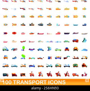100 transport icons set. Cartoon illustration of 100 transport icons vector set isolated on white background. 100 transport icons set, cartoon style Stock Vector