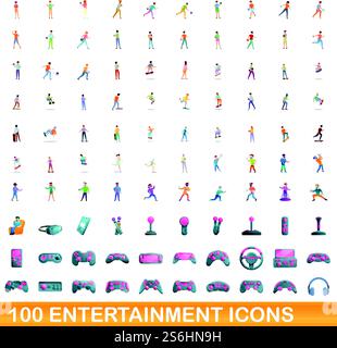 100 entertainment icons set. Cartoon illustration of 100 entertainment icons vector set isolated on white background. 100 entertainment icons set, cartoon style Stock Vector
