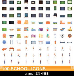 100 school icons set. Cartoon illustration of 100 school icons vector set isolated on white background. 100 school icons set, cartoon style Stock Vector
